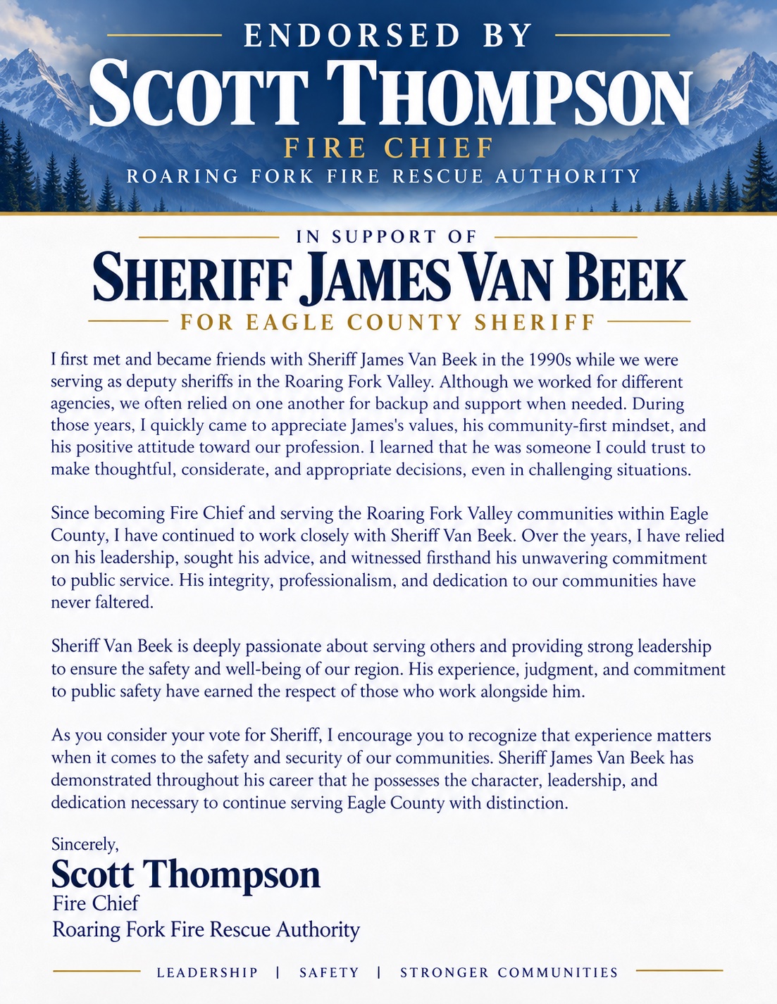 Endorsement letter from Fire Chief Scott Thompson, Roaring Fork Fire Rescue Authority, supporting Sheriff James Van Beek for re-election