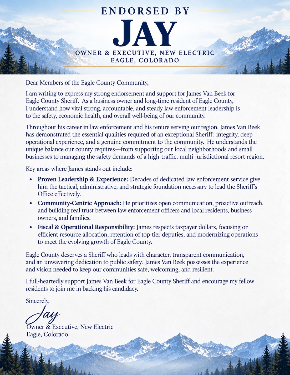 Endorsement letter from Jay, Owner & Executive of New Electric in Eagle, Colorado, supporting Sheriff James Van Beek for re-election
