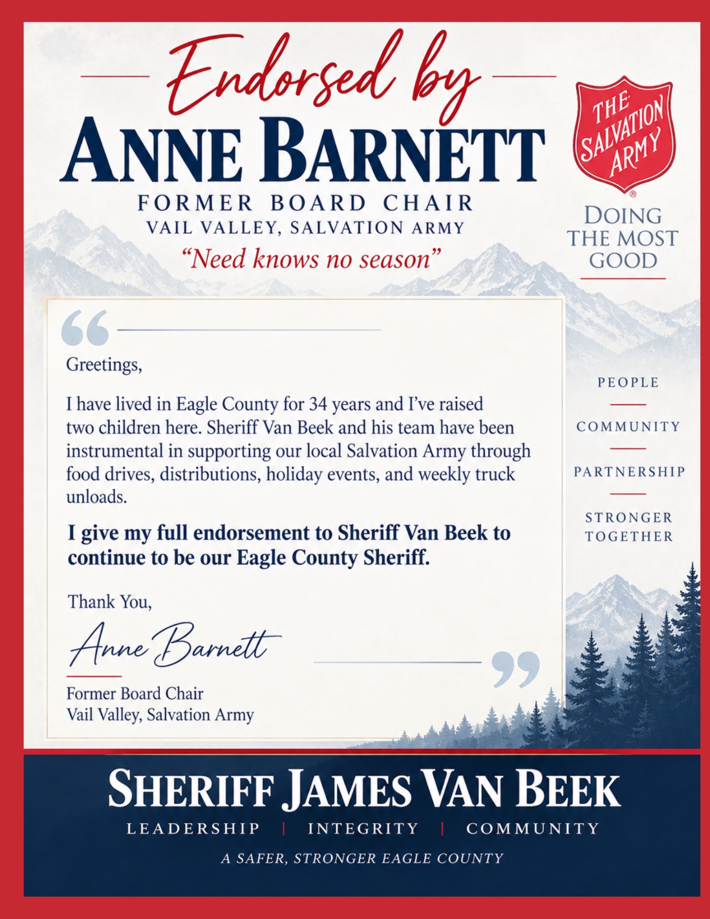 Endorsement letter from Anne Barnett, Former Board Chair of Vail Valley Salvation Army, supporting Sheriff James Van Beek for re-election