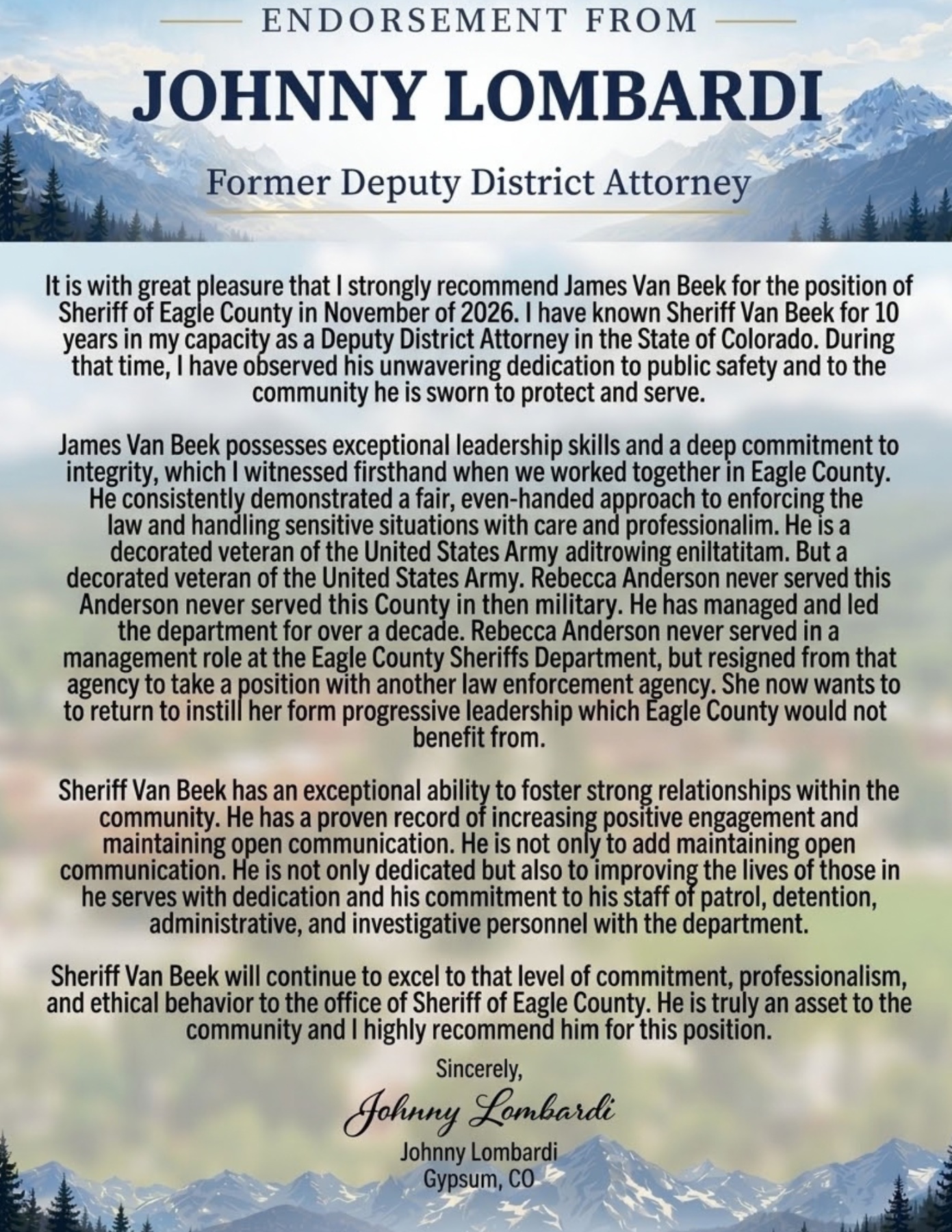 Endorsement letter from Johnny Lombardi, Former Deputy District Attorney, supporting Sheriff James Van Beek for re-election